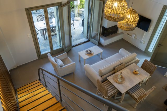 The living room seen from the loft above